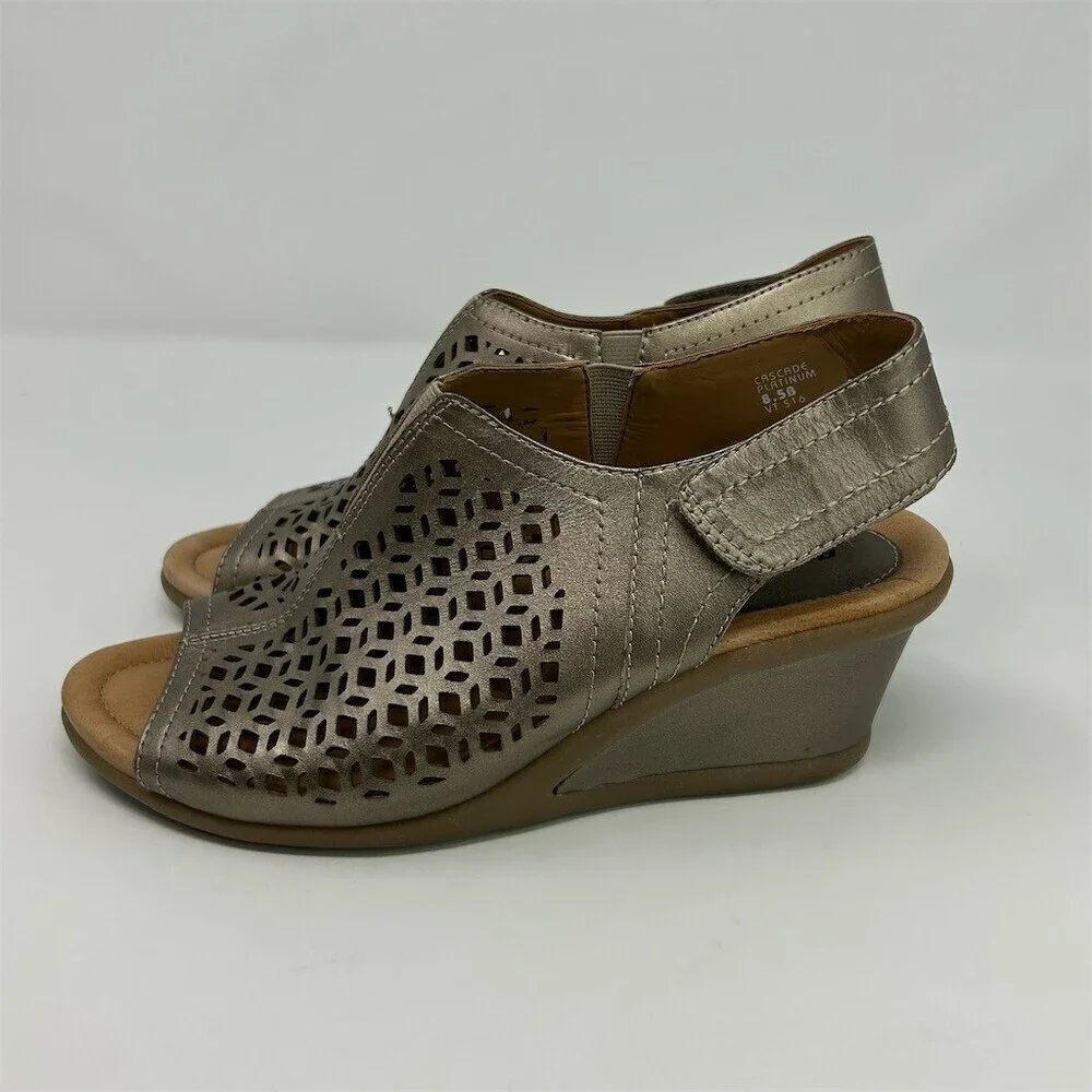 Earth Cascade Slingback Wedge Sandals Gold Laser Cut Comfort Casual Size 8.5